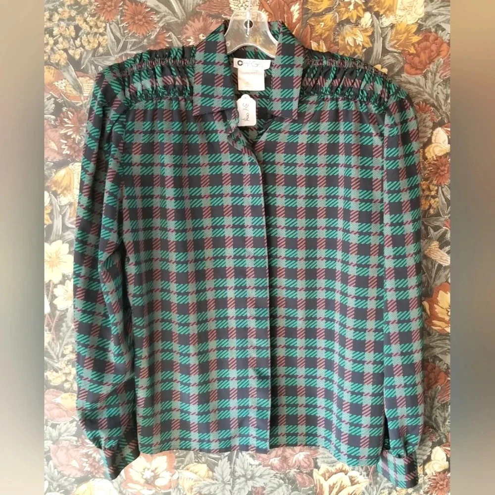 80s Vintage Chagall Casual Green & Black Plaid Blouse oversized satin silky